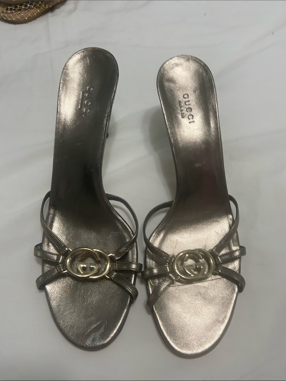 Gucci Metallic Pewter Slide Mules with Gold GG